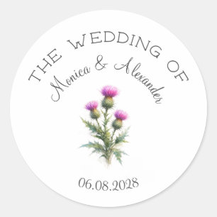 Thistle Floral Scottish Watercolor Wedding Party Classic Round Sticker