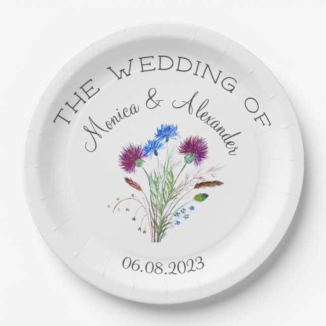 Thistle Floral Scottish Watercolor Wedding Party Paper Plates (Front)