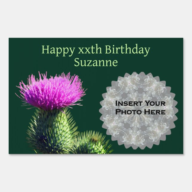 Thistle Flower Personalized Photo Happy Birthday Sign (Front)