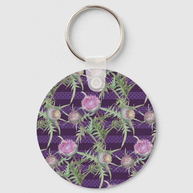 Thistle flowers watercolor pattern keychain (Front)