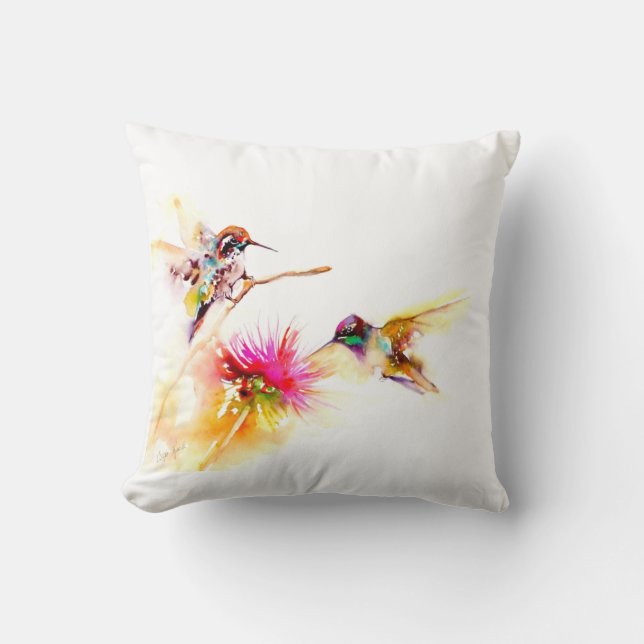 "Thistle for Two" Hummingbird Print on Throw Pillow (Front)