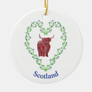 thistle heart highland cow scottish ceramic ornament