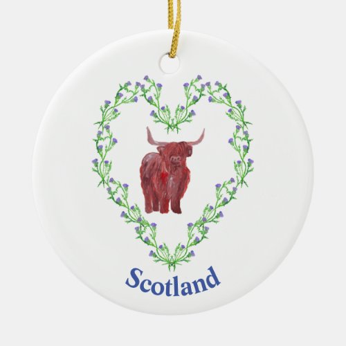thistle heart highland cow scottish ceramic ornament