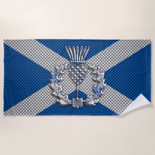 Thistle on Carbon Fiber Print on Scotland Flag Beach Towel