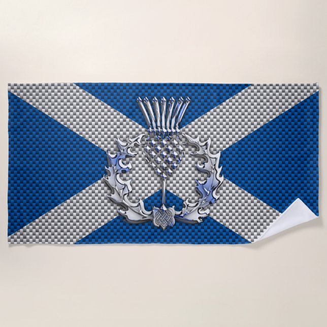 Thistle on Carbon Fiber Print on Scotland Flag Beach Towel (Front)