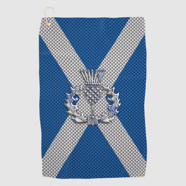 Thistle on Carbon Fiber Print on Scotland Flag Golf Towel (Front)
