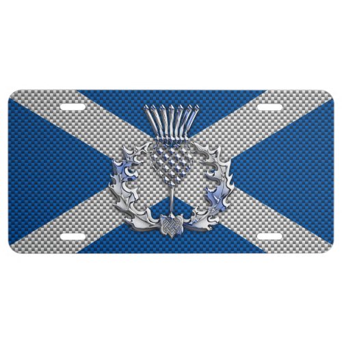 Thistle on Carbon Fiber Print on Scotland Flag License Plate