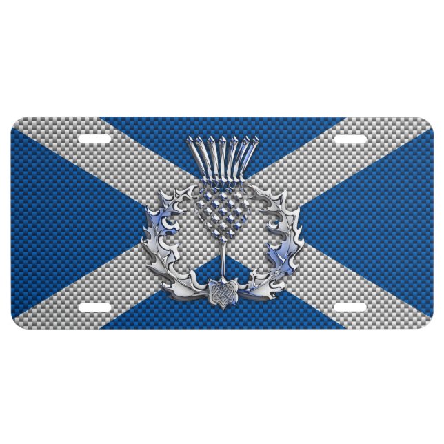 Thistle on Carbon Fiber Print on Scotland Flag License Plate (Front)