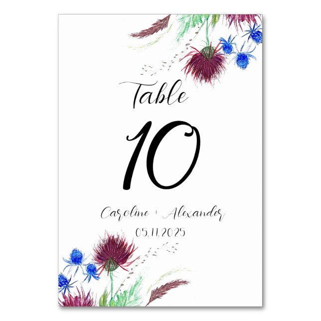 Thistle Purple Floral Scottish Rustic Wedding Table Number (Front)