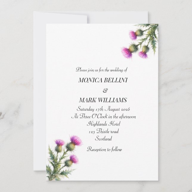Thistle Purple Floral Scottish Simple Wedding Invitation (Front)