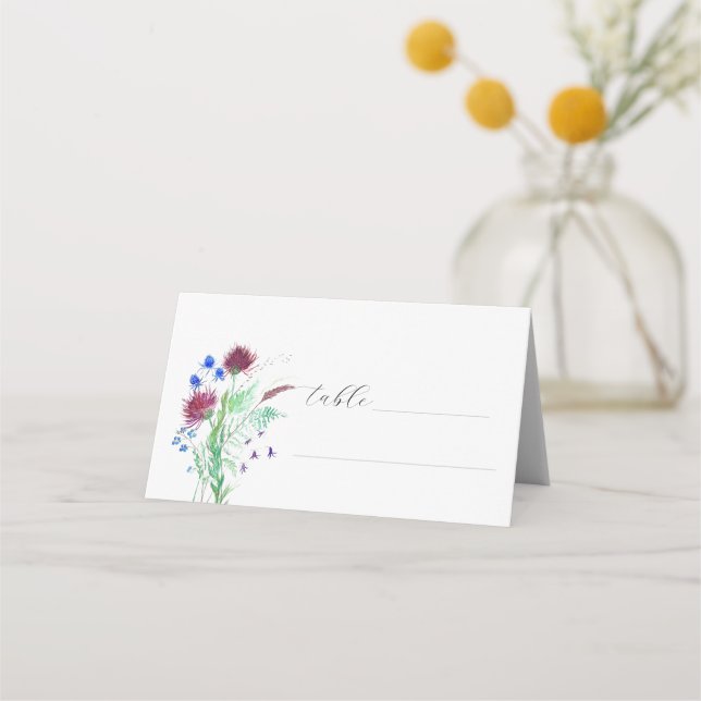 Thistle Purple Watercolor Floral Rustic Wedding Place Card (Front)
