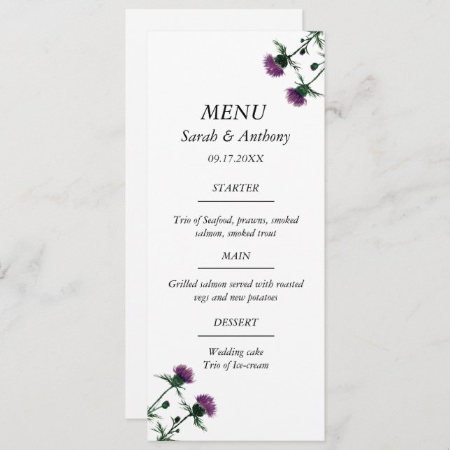 Thistle Scotland Floral Watercolor Wedding Food  Menu (Front/Back)