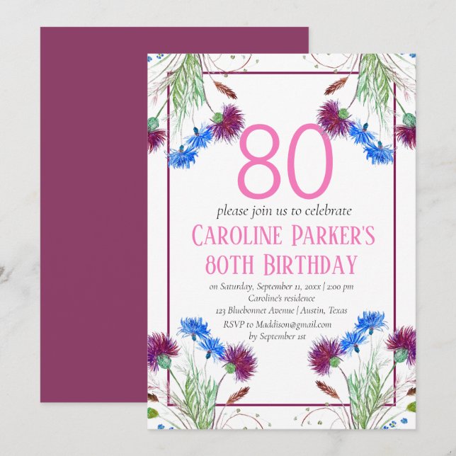 Thistle Scottish 80th Birthday Purple Floral Invitation (Front/Back)