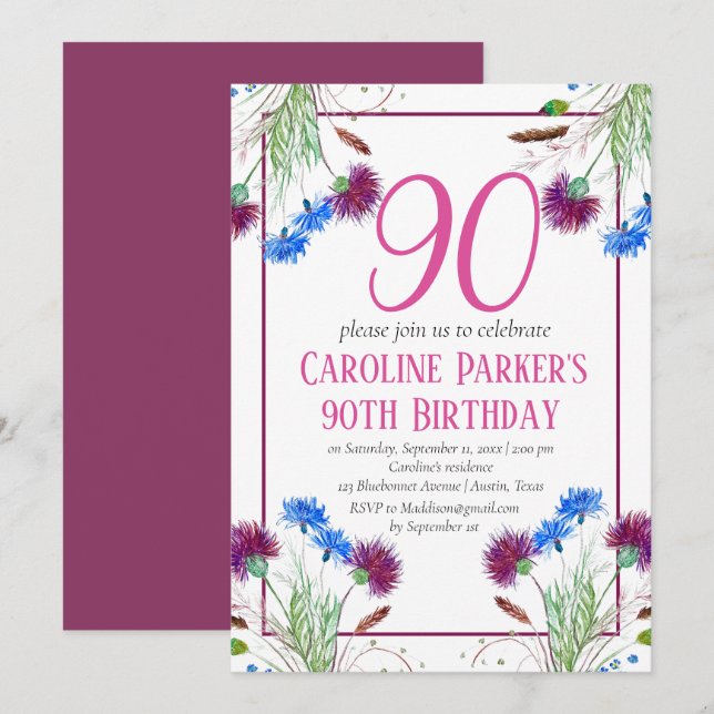 Thistle Scottish 90th Birthday Purple Floral Invitation (Front/Back)