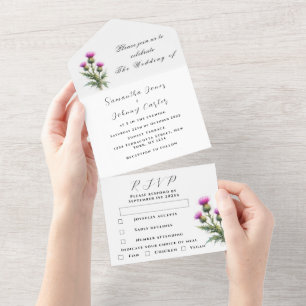 Thistle Scottish Simple Purple Floral Wedding All In One Invitation