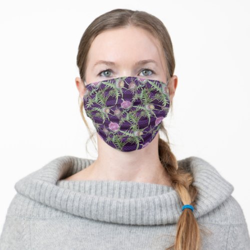 Thistle violet flowers and purple stripes adult cloth face mask