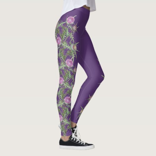 Thistle violet flowers and purple stripes leggings
