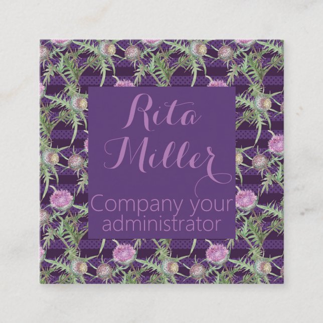 Thistle violet flowers and purple stripes square business card (Front)