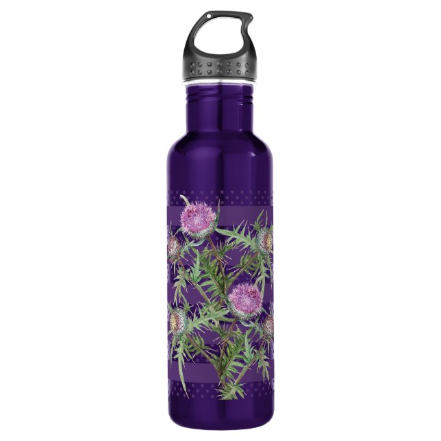 Thistle violet flowers and purple stripes stainless steel water bottle (Front)