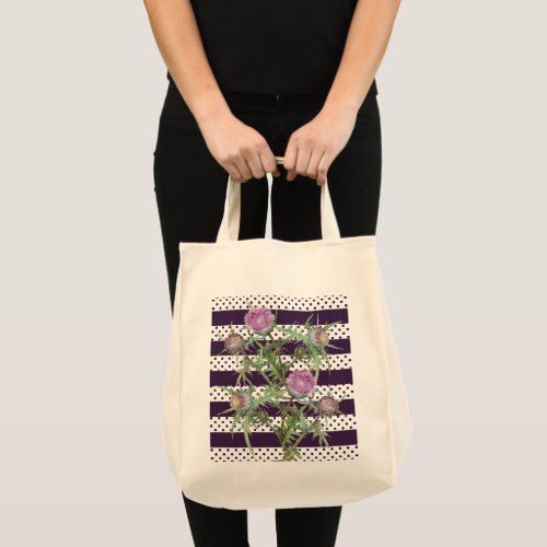 Thistle violet flowers and purple stripes tote bag