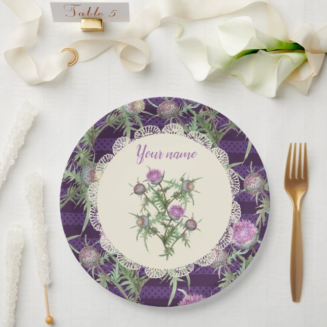 Thistle violet flowers paper plates (Wedding)
