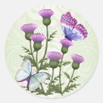 Thistles And Butterflies Classic Round Sticker by Spice at Zazzle