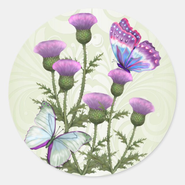 Thistles and Butterflies Classic Round Sticker (Front)