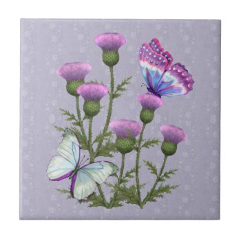 Thistles And Butterflies On Mauve Tile by Spice at Zazzle