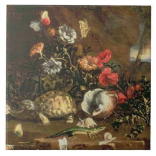 Thistles, flowers, reptiles and butterflies beside ceramic tile