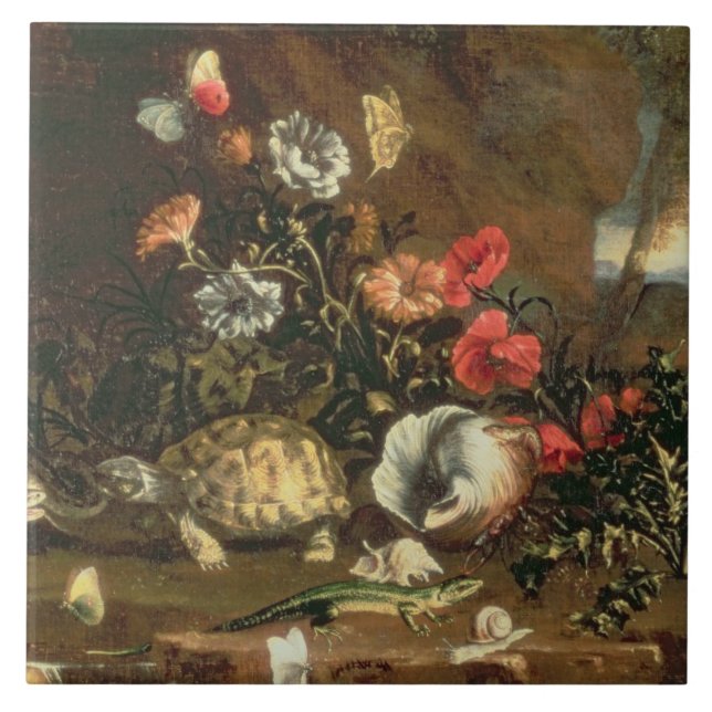 Thistles, flowers, reptiles and butterflies beside ceramic tile (Front)