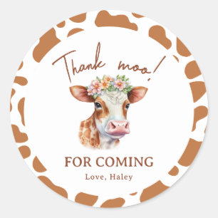 Thnak Moo Floral Brown Print 1st Baby Birthday Classic Round Sticker