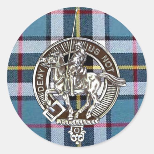 Thompson clan crest on dress blue tartan classic round sticker