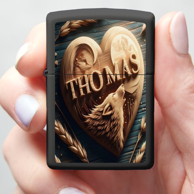 Thomas Carved Wooden Heart With Wolf Zippo Lighter (In Hand)