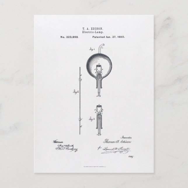 Thomas Edison's Light Bulb Patent Application 1880 Postcard (Front)