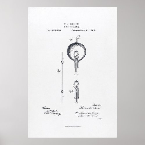 Thomas Edisons Light Bulb Patent Application 1880 Poster