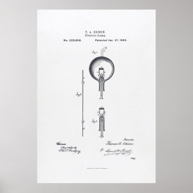 Thomas Edison's Light Bulb Patent Application 1880 Poster (Front)