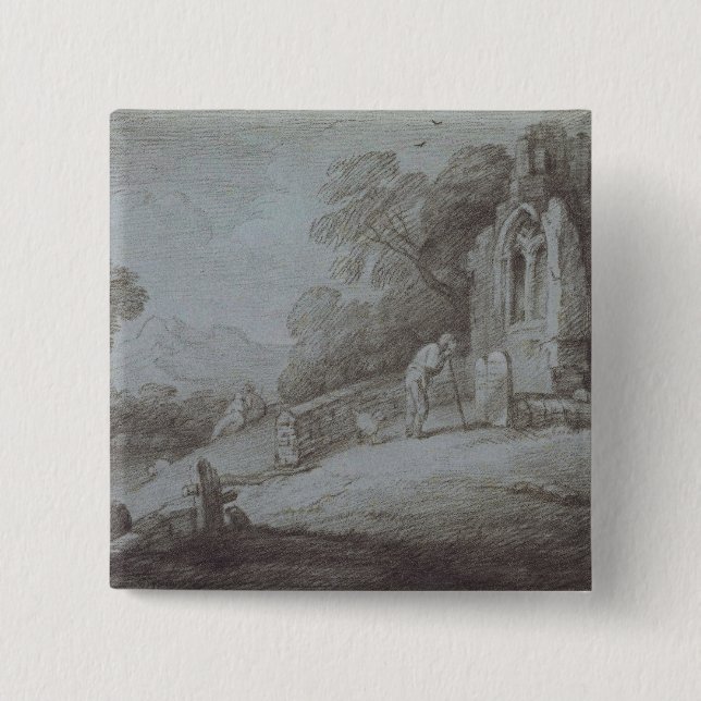 Thomas Gainsborough | Churchyard with Figure Conte Pinback Button (Front)
