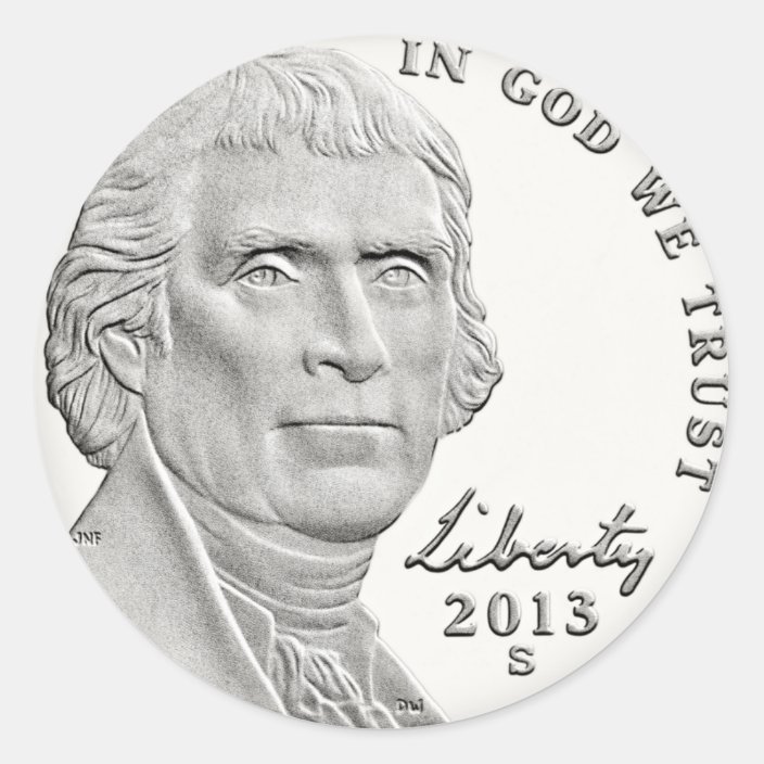 Thomas Jefferson Nickel Classic Round Sticker | Zazzle