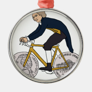 Thomas Jefferson Riding Bike W/ Nickel Wheels Metal Ornament