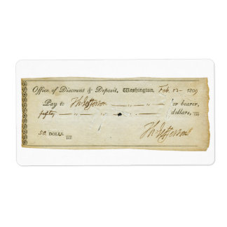 Thomas Jefferson Signature on Bank Check 1809 Label
