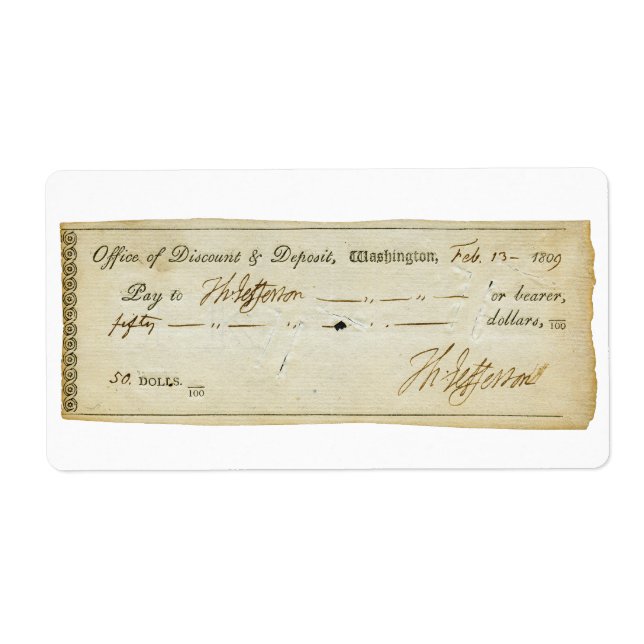 Thomas Jefferson Signature on Bank Check 1809 Label (Front)