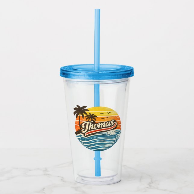 Thomas Retro Sunset Name Design Acrylic Tumbler (Front)