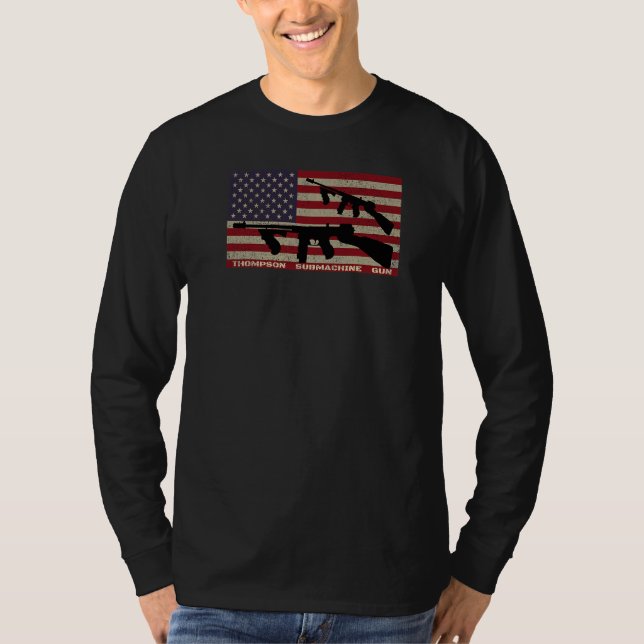 Thompson American WW2 Submachine Guns USA Flag T-Shirt (Front)