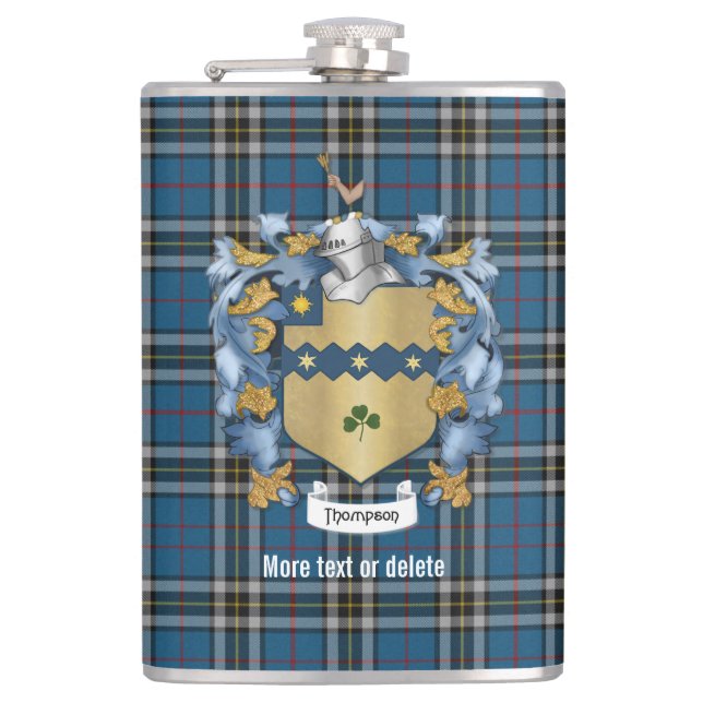 Thompson Family Crest and Tartan Plaid Flask (Front)