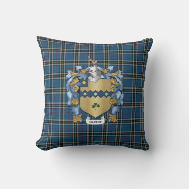 Thompson Family Crest and Tartan Plaid Throw Pillow (Front)
