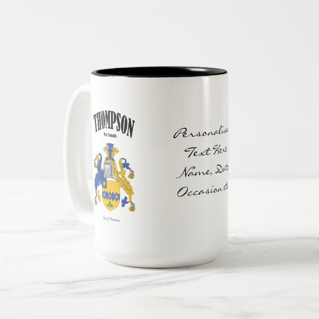 Thompson Family Crest, Translation & Meaning Two-Tone Coffee Mug (Front Left)