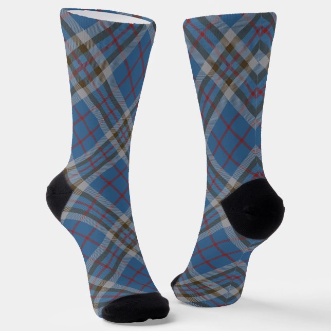 Thompson Tartan Plaid Grey Blue Pattern Socks (Angled)