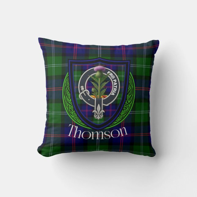 Thomson Scottish Clan Tartan & Crest Throw Pillow (Front)