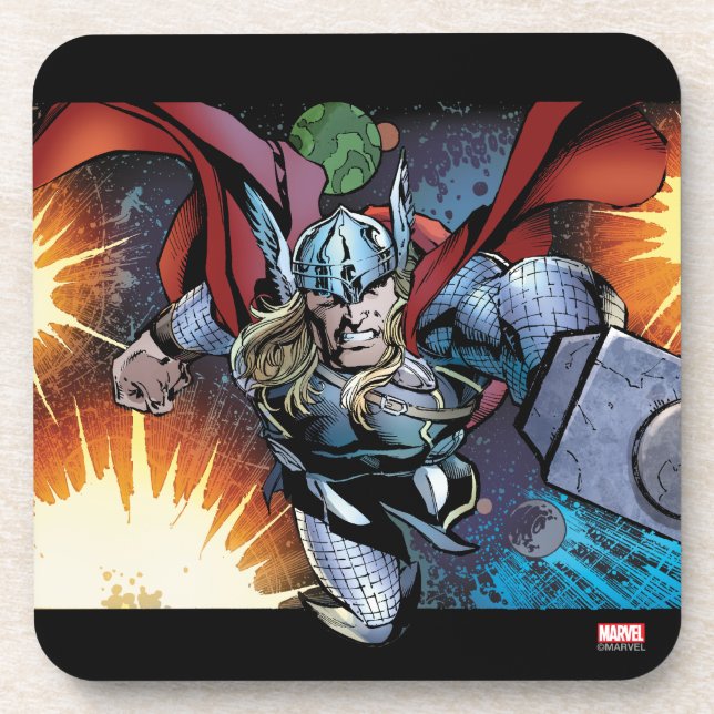 Thor Flying Through Space Comic Panel Drink Coaster (Front)