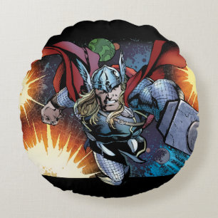 Thor Flying Through Space Comic Panel Round Pillow